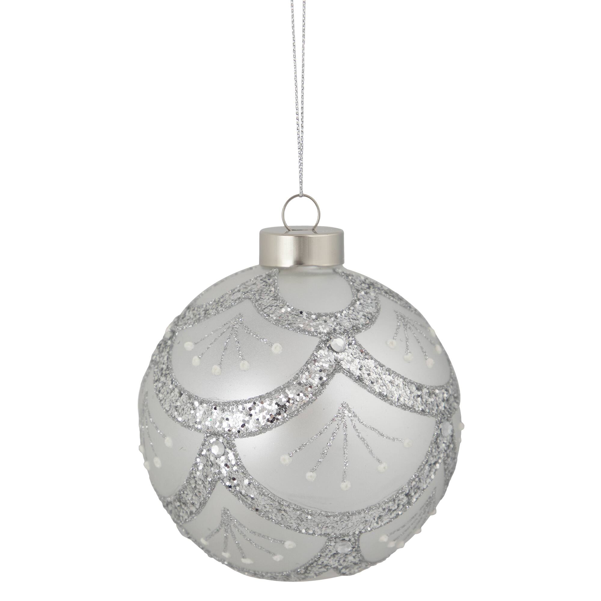 4" Glittered Silver Glass Ball Ornament